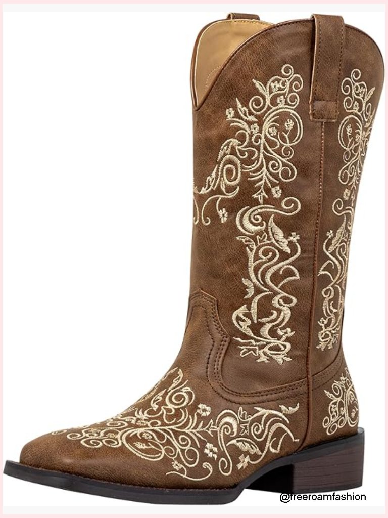 Women's Mid Calf Cowgirl Boots Rhinestone Square Toe Fashion Cowboy Boots